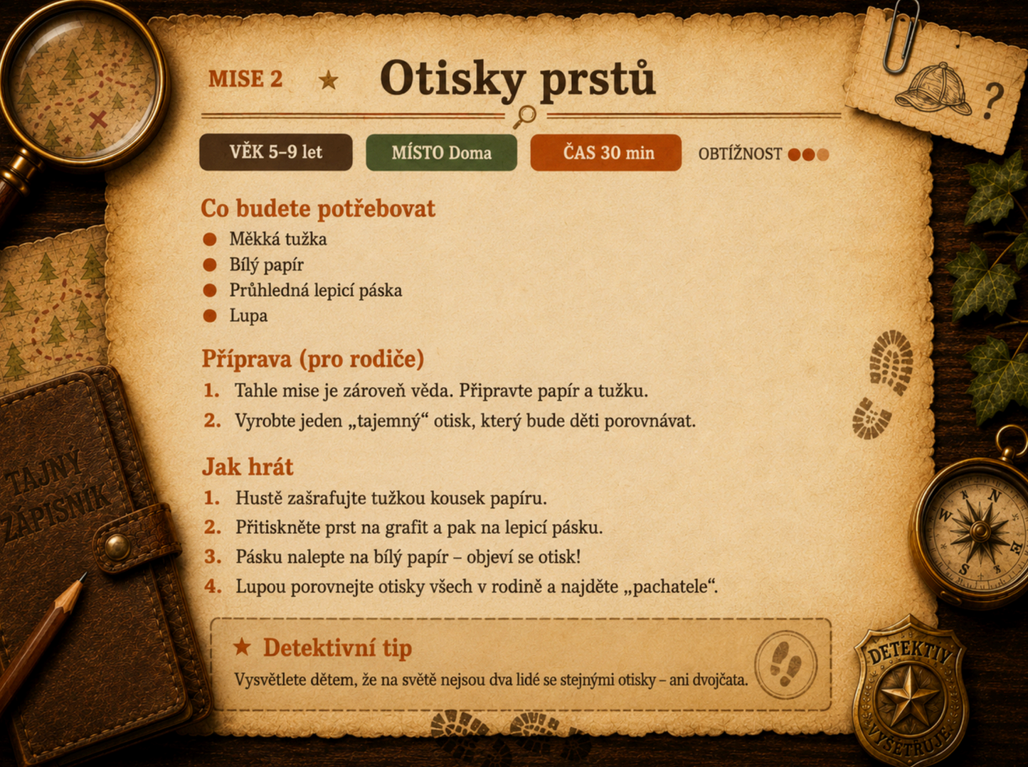 Detektivní mise a hledaní pokladů + Bonus: Detektivní deník